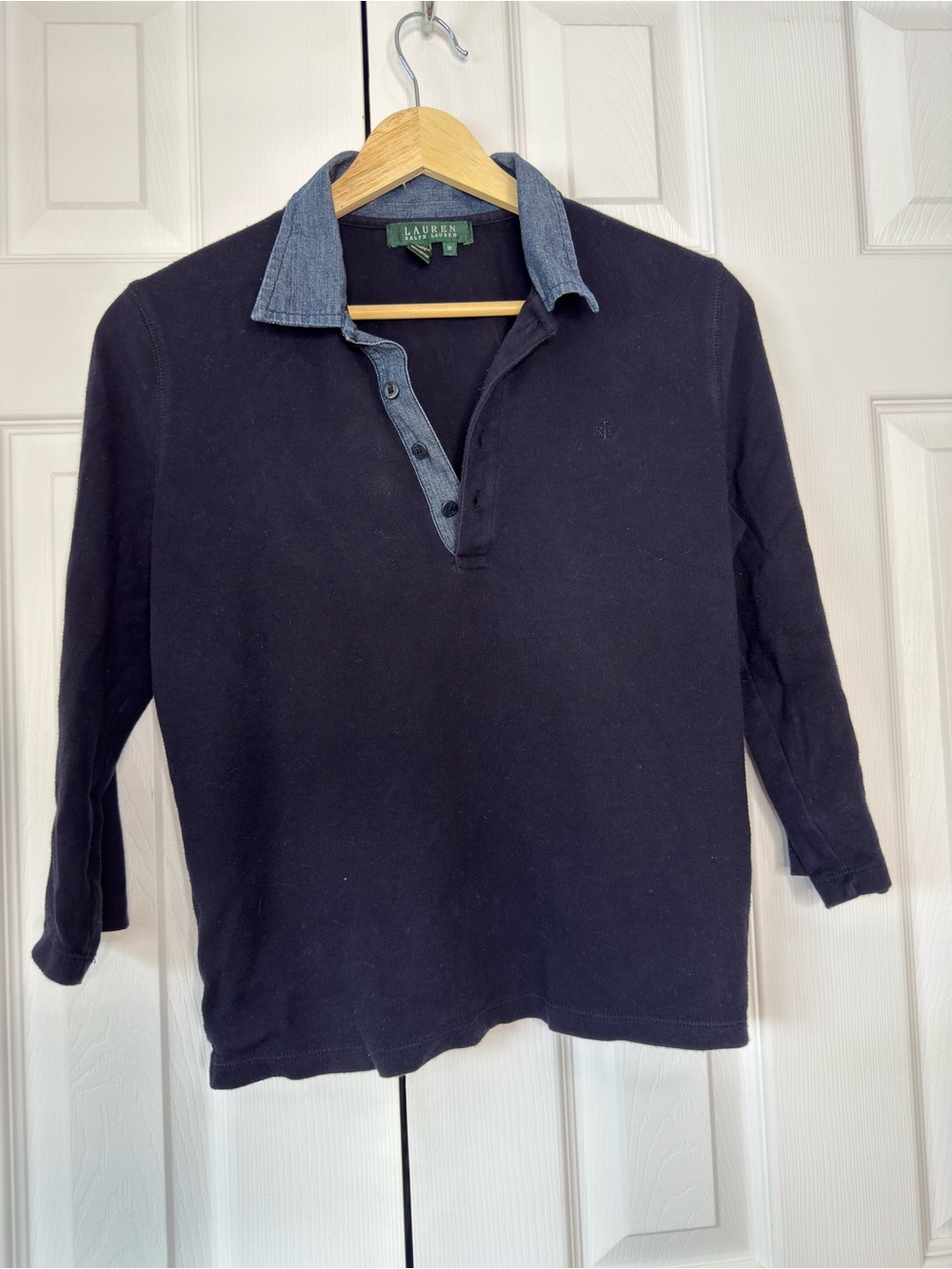 Ralph Lauren Navy Long-Sleeve Polo with Denim Contrast Collar